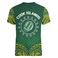 World Rugby Cook Islands Women V-Neck T-Shirt Green Polynesian Tribal Pattern - Polynesian Pride