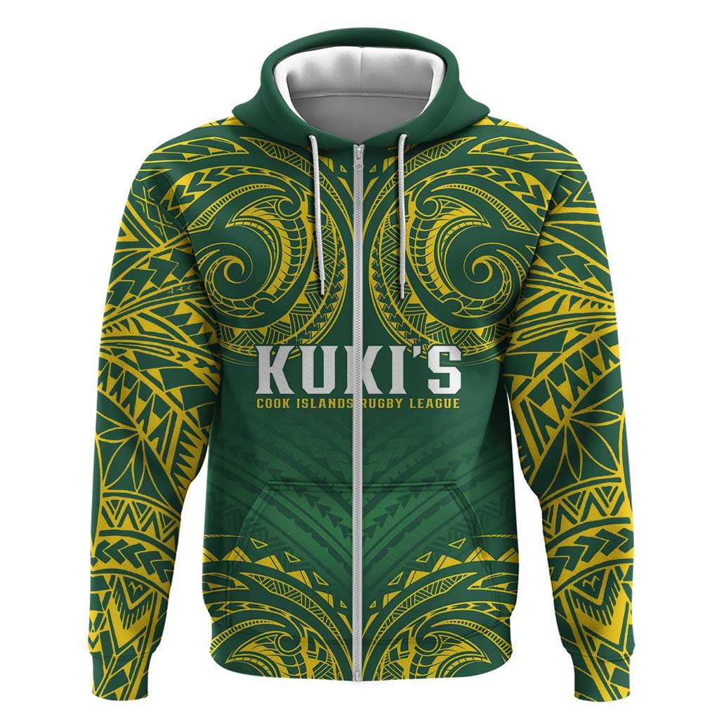 World Rugby Cook Islands Zip Hoodie Green Polynesian Tribal Pattern - Polynesian Pride