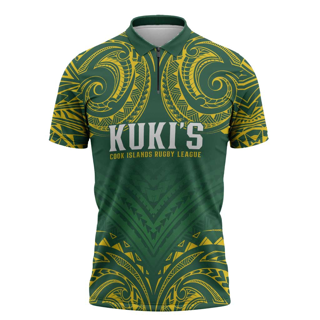 World Rugby Cook Islands Zipper Polo Shirt Green Polynesian Tribal Pattern - Polynesian Pride