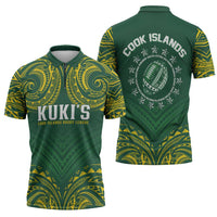 World Rugby Cook Islands Zipper Polo Shirt Green Polynesian Tribal Pattern - Polynesian Pride