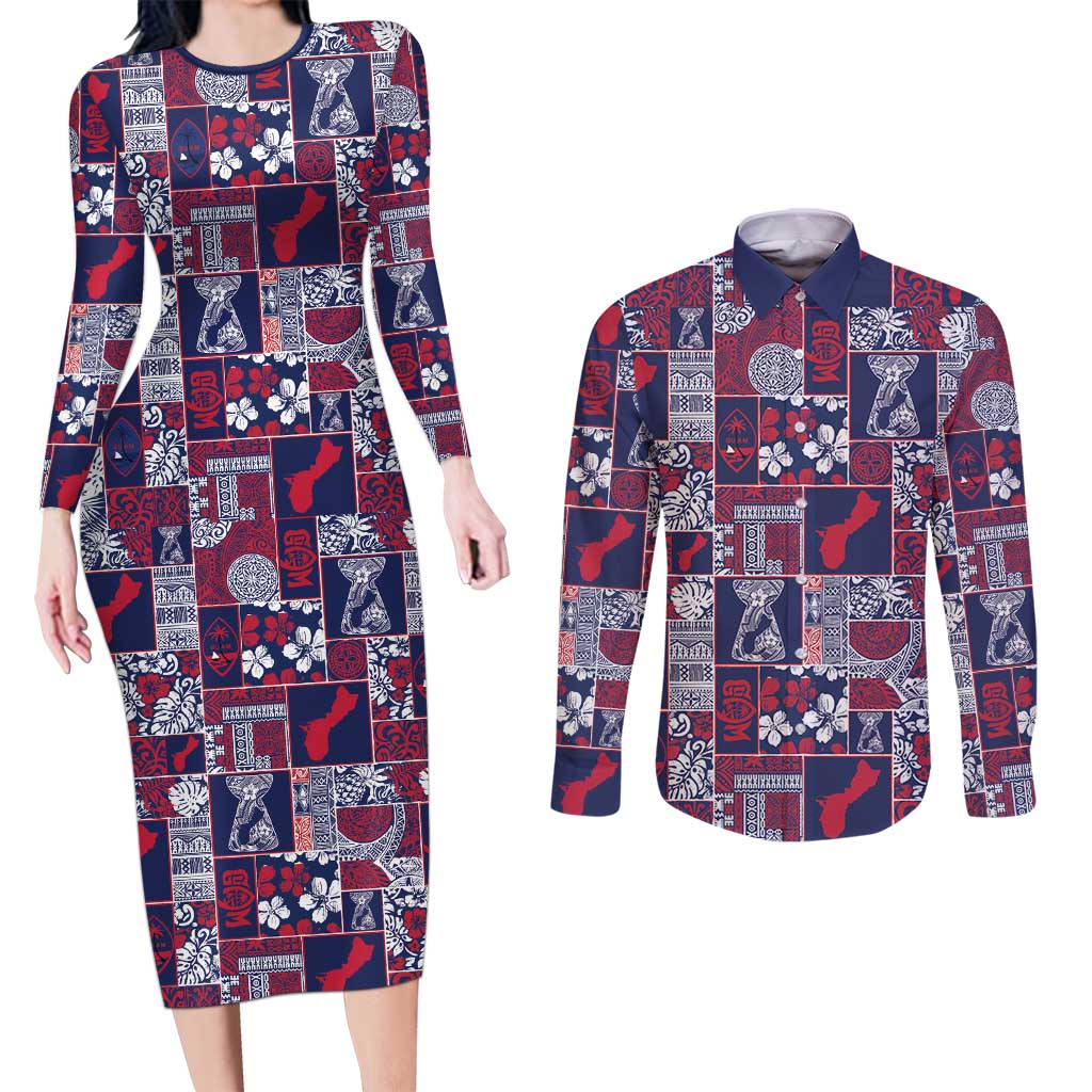Guam Felis Pasgua Couples Matching Long Sleeve Bodycon Dress and Long Sleeve Button Shirt Pacific Patchwork Xmas Vibes - Polynesian Pride