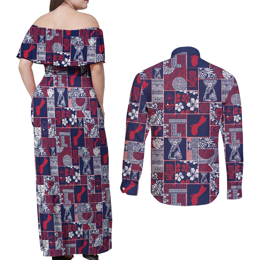 Guam Felis Pasgua Couples Matching Off Shoulder Maxi Dress and Long Sleeve Button Shirt Pacific Patchwork Xmas Vibes - Polynesian Pride