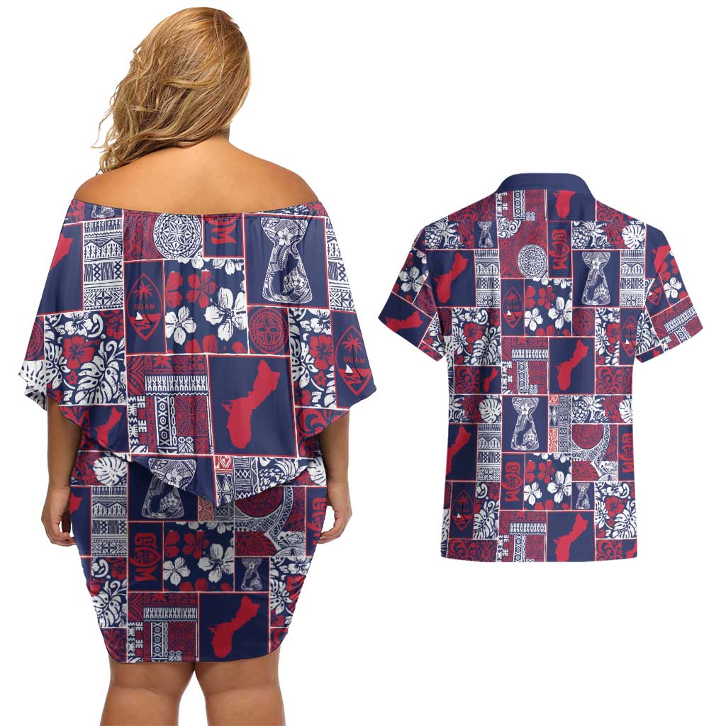 Guam Felis Pasgua Couples Matching Off Shoulder Short Dress and Hawaiian Shirt Pacific Patchwork Xmas Vibes - Polynesian Pride