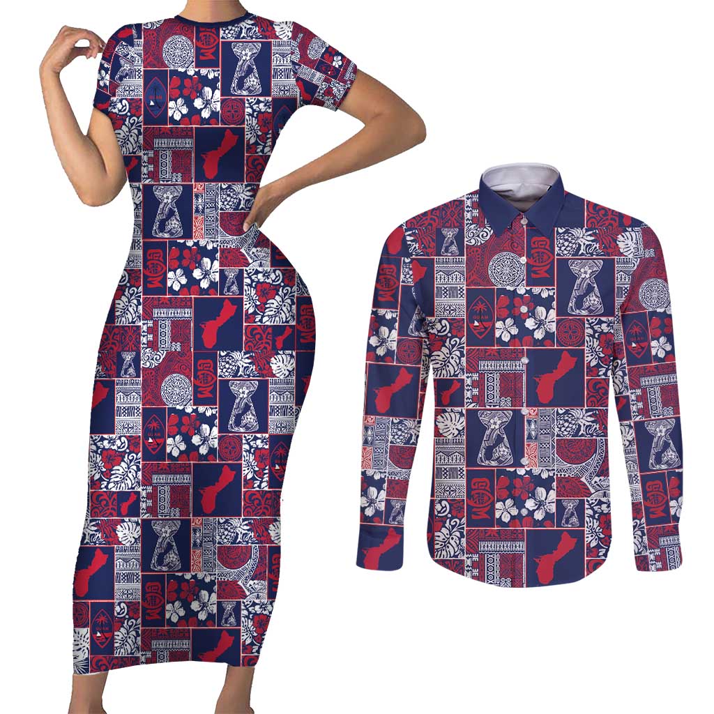Guam Felis Pasgua Couples Matching Short Sleeve Bodycon Dress and Long Sleeve Button Shirt Pacific Patchwork Xmas Vibes - Polynesian Pride