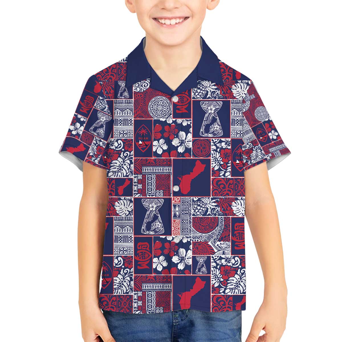 Guam Felis Pasgua Family Matching Off The Shoulder Long Sleeve Dress and Hawaiian Shirt Pacific Patchwork Xmas Vibes - Polynesian Pride