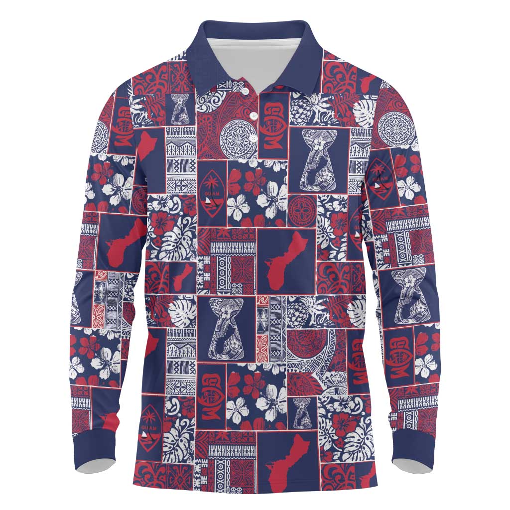 Guam Felis Pasgua Long Sleeve Polo Shirt Pacific Patchwork Xmas Vibes - Polynesian Pride