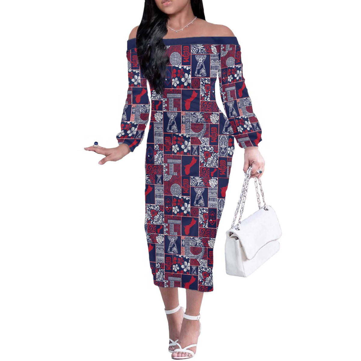 Guam Felis Pasgua Off The Shoulder Long Sleeve Dress Pacific Patchwork Xmas Vibes - Polynesian Pride