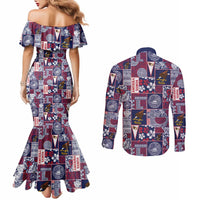 Manuia le Kerisimasi American Samoa Couples Matching Mermaid Dress and Long Sleeve Button Shirt Pacific Patchwork Xmas Vibes - Polynesian Pride