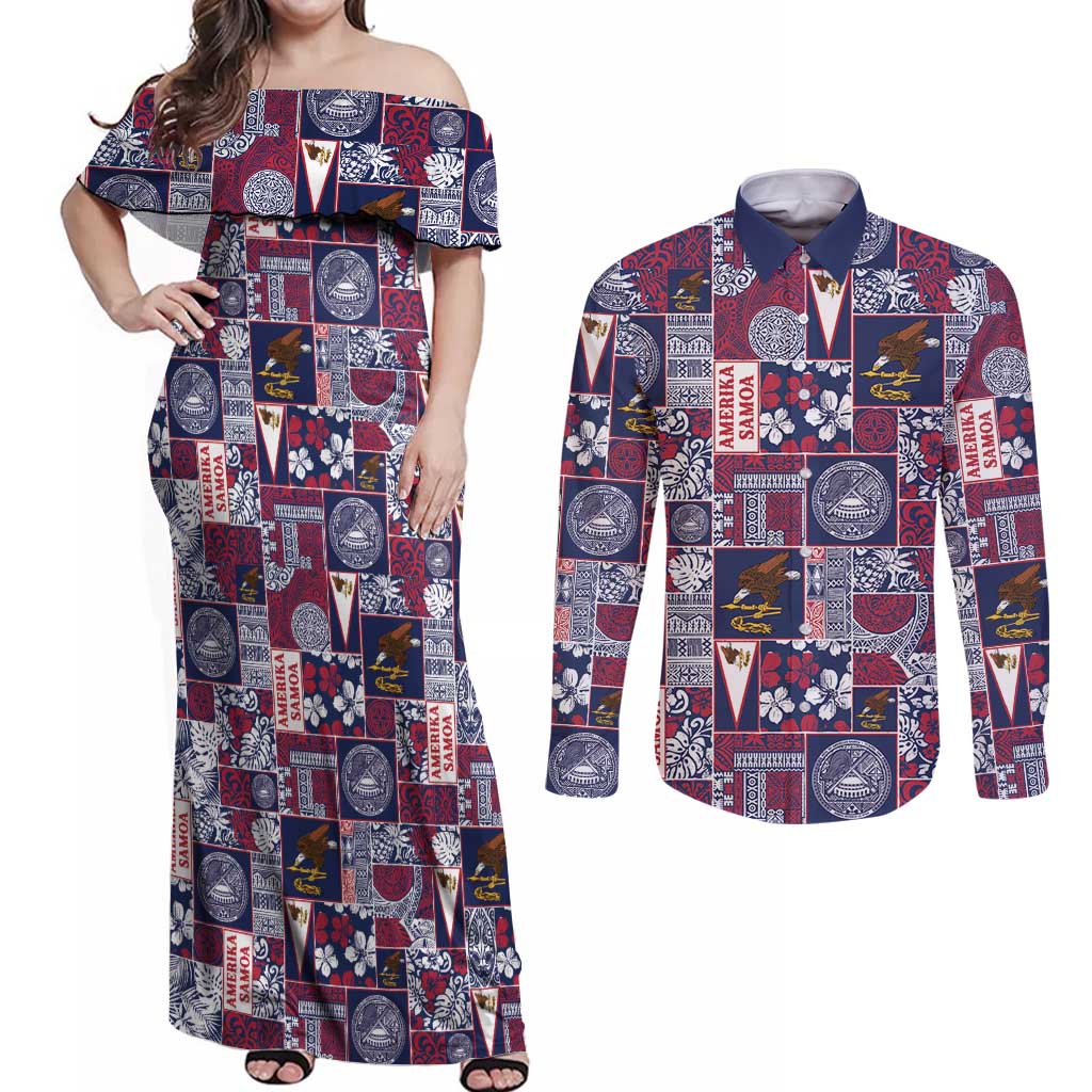 Manuia le Kerisimasi American Samoa Couples Matching Off Shoulder Maxi Dress and Long Sleeve Button Shirt Pacific Patchwork Xmas Vibes - Polynesian Pride