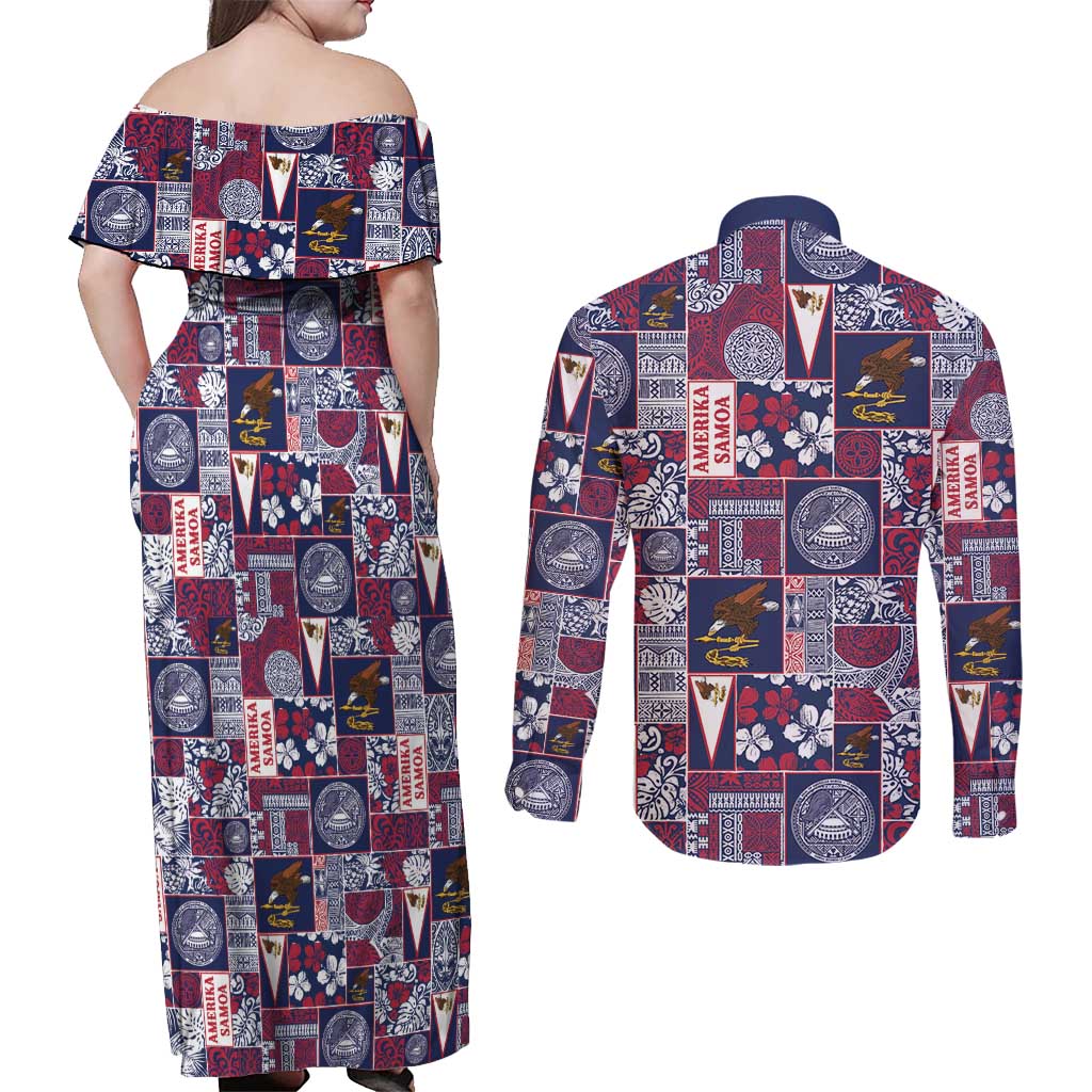 Manuia le Kerisimasi American Samoa Couples Matching Off Shoulder Maxi Dress and Long Sleeve Button Shirt Pacific Patchwork Xmas Vibes - Polynesian Pride