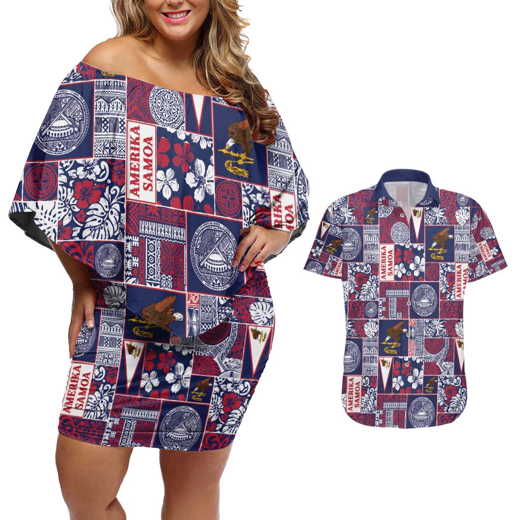 Manuia le Kerisimasi American Samoa Couples Matching Off Shoulder Short Dress and Hawaiian Shirt Pacific Patchwork Xmas Vibes - Polynesian Pride
