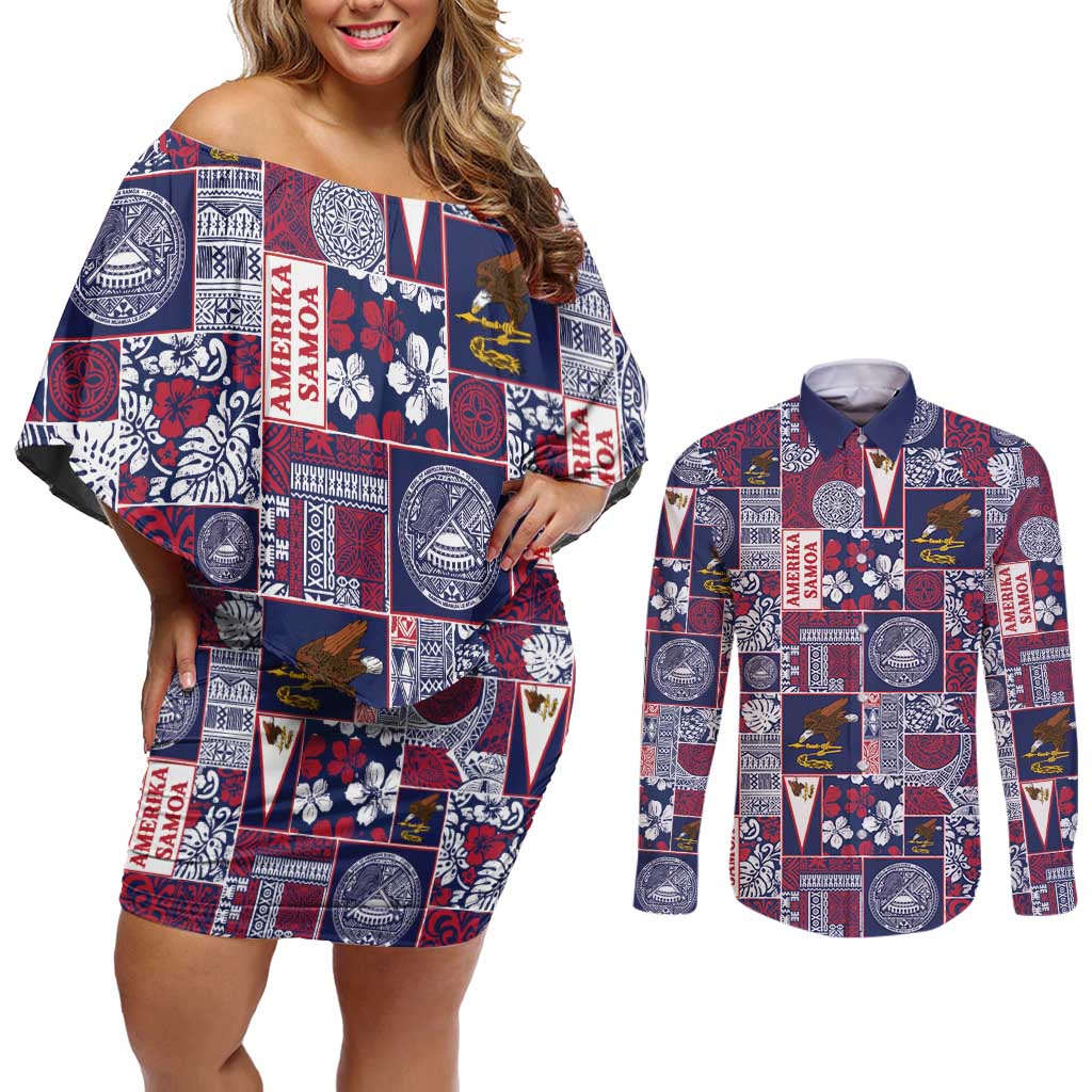 Manuia le Kerisimasi American Samoa Couples Matching Off Shoulder Short Dress and Long Sleeve Button Shirt Pacific Patchwork Xmas Vibes - Polynesian Pride