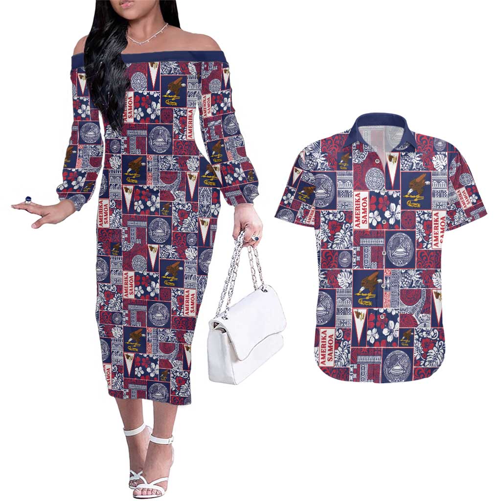 Manuia le Kerisimasi American Samoa Couples Matching Off The Shoulder Long Sleeve Dress and Hawaiian Shirt Pacific Patchwork Xmas Vibes - Polynesian Pride