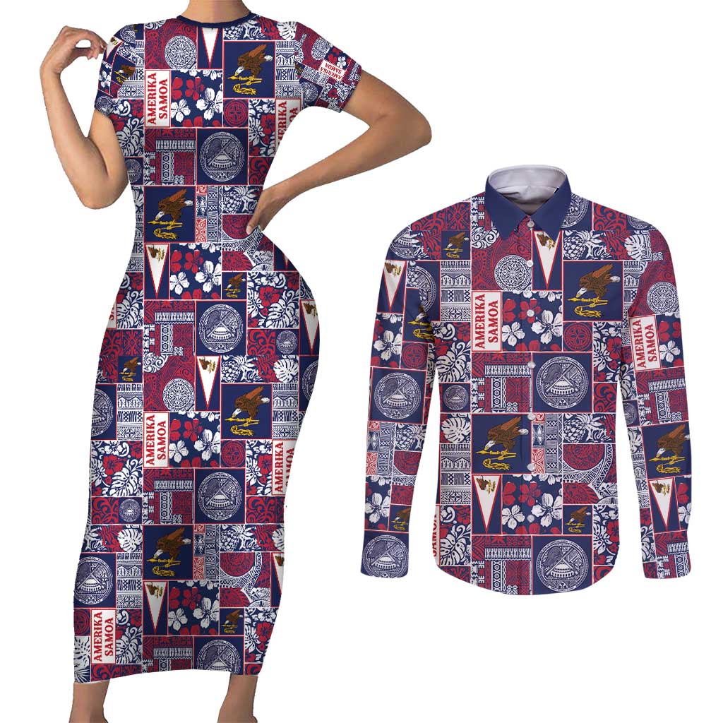 Manuia le Kerisimasi American Samoa Couples Matching Short Sleeve Bodycon Dress and Long Sleeve Button Shirt Pacific Patchwork Xmas Vibes - Polynesian Pride