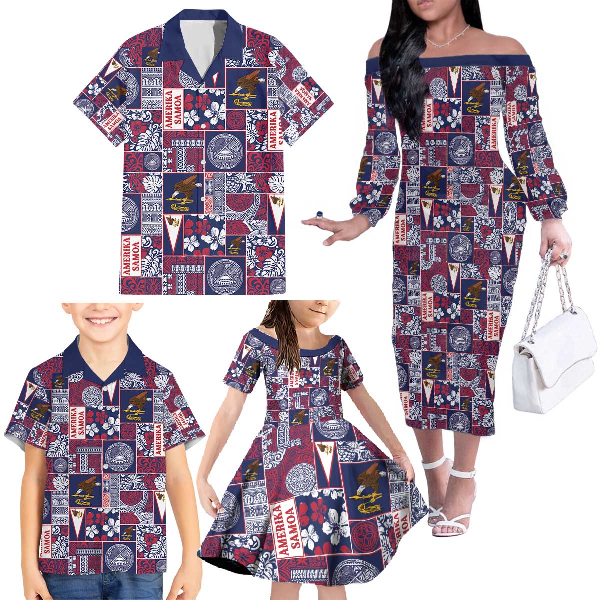 Manuia le Kerisimasi American Samoa Family Matching Off The Shoulder Long Sleeve Dress and Hawaiian Shirt Pacific Patchwork Xmas Vibes - Polynesian Pride