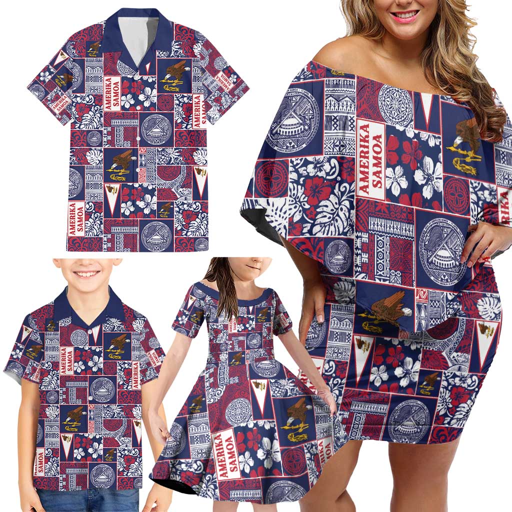 Manuia le Kerisimasi American Samoa Family Matching Off Shoulder Short Dress and Hawaiian Shirt Pacific Patchwork Xmas Vibes - Polynesian Pride