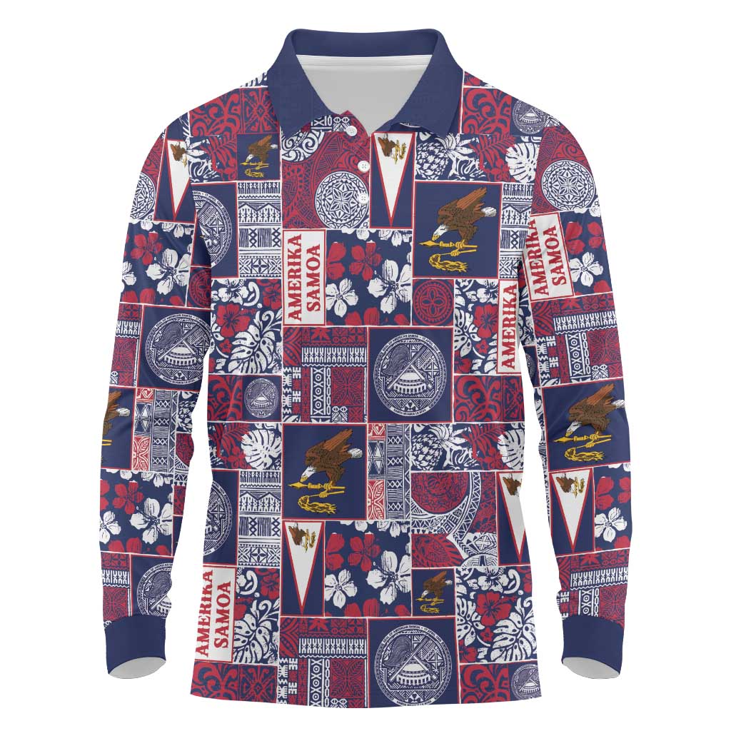 Manuia le Kerisimasi American Samoa Long Sleeve Polo Shirt Pacific Patchwork Xmas Vibes - Polynesian Pride