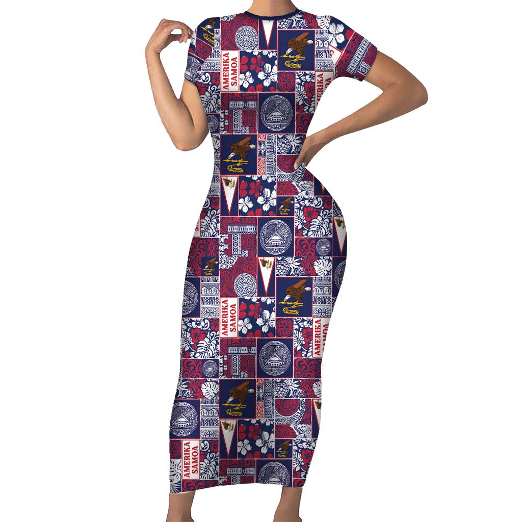Manuia le Kerisimasi American Samoa Short Sleeve Bodycon Dress Pacific Patchwork Xmas Vibes LT9 Long Dress Blue - Polynesian Pride