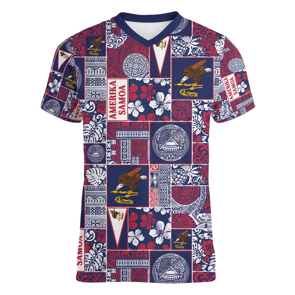 Manuia le Kerisimasi American Samoa Women V-Neck T-Shirt Pacific Patchwork Xmas Vibes - Polynesian Pride