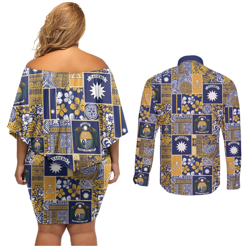Ekamawir omo Nauru Couples Matching Off Shoulder Short Dress and Long Sleeve Button Shirt Pacific Patchwork Xmas Vibes - Polynesian Pride