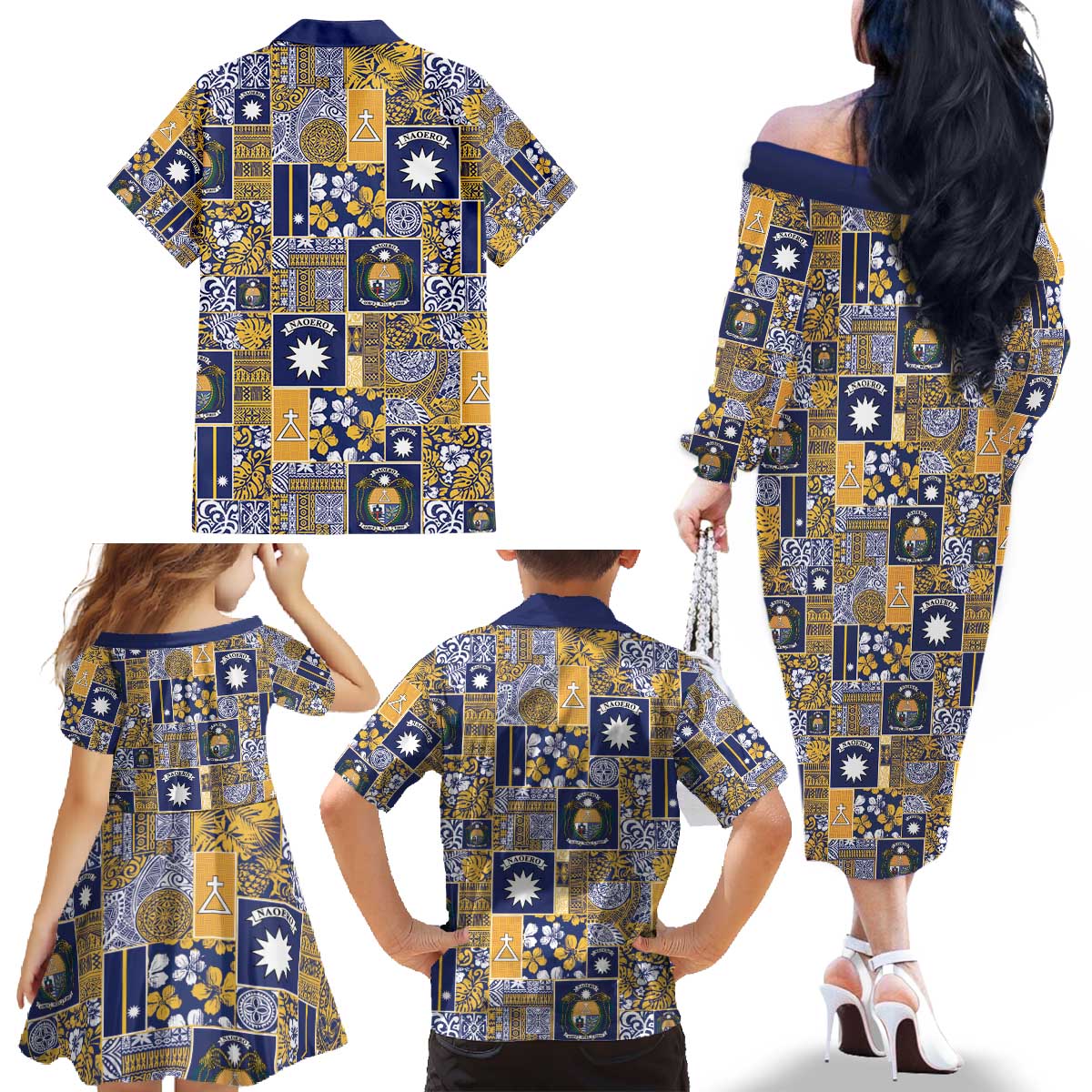Ekamawir omo Nauru Family Matching Off The Shoulder Long Sleeve Dress and Hawaiian Shirt Pacific Patchwork Xmas Vibes - Polynesian Pride