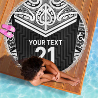 New Zealand Black Fern Custom Beach Blanket Maori Tukutuku Black-white Motif