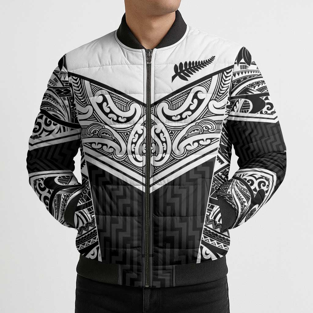 New Zealand Black Fern Custom Bomber Puffer Jacket Maori Tukutuku Black-white Motif - Polynesian Pride