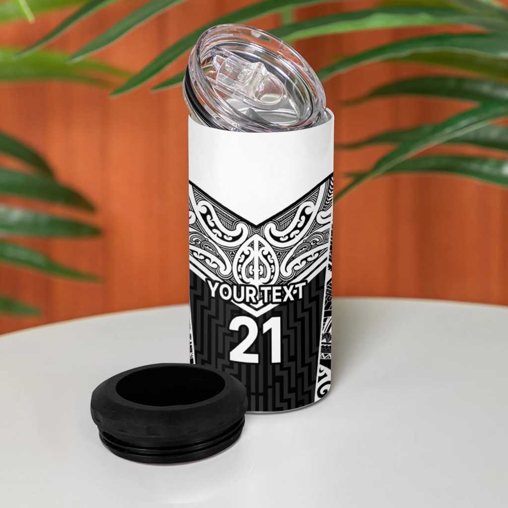 New Zealand Black Fern Custom 4 in 1 Can Cooler Tumbler Maori Tukutuku Black-white Motif