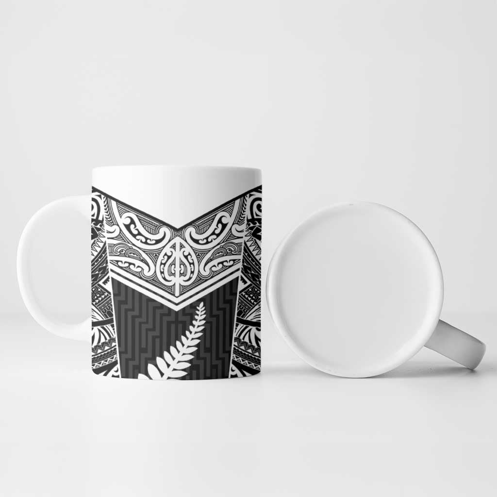 New Zealand Black Fern Custom Ceramic Mug Maori Tukutuku Black-white Motif - Polynesian Pride