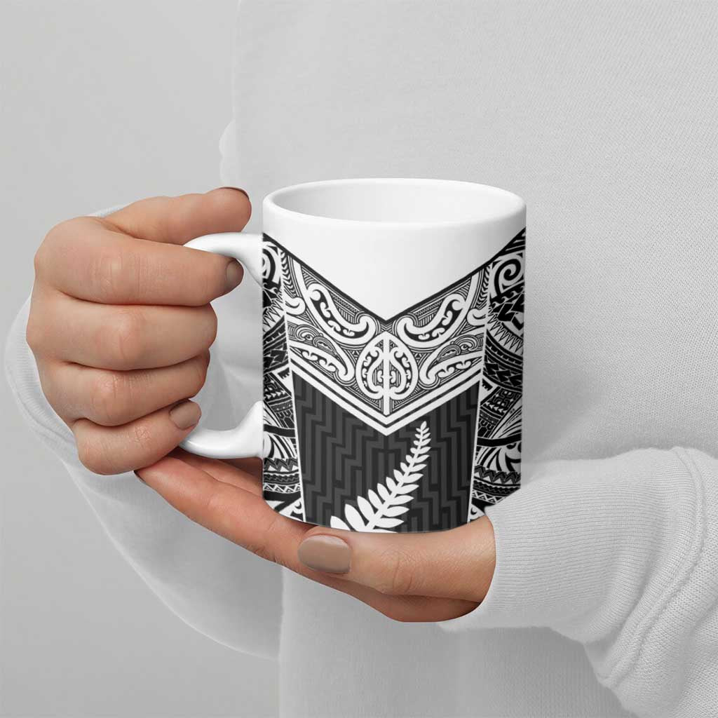 New Zealand Black Fern Custom Ceramic Mug Maori Tukutuku Black-white Motif - Polynesian Pride