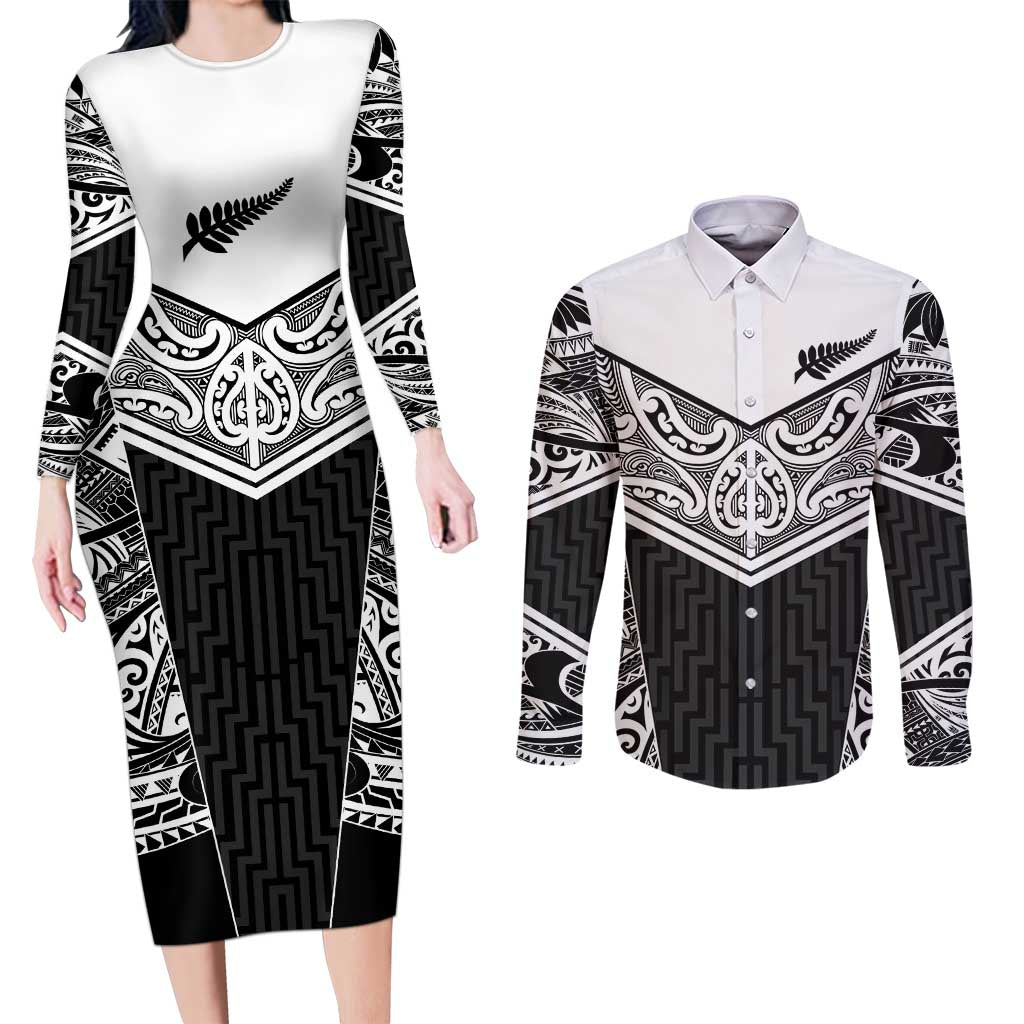 New Zealand Black Fern Custom Couples Matching Long Sleeve Bodycon Dress and Long Sleeve Button Shirt Maori Tukutuku Black-white Motif