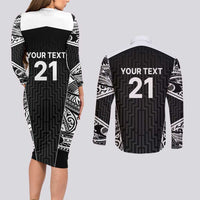 New Zealand Black Fern Custom Couples Matching Long Sleeve Bodycon Dress and Long Sleeve Button Shirt Maori Tukutuku Black-white Motif