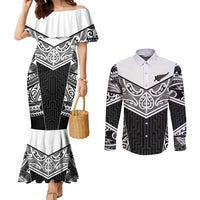 New Zealand Black Fern Custom Couples Matching Mermaid Dress and Long Sleeve Button Shirt Maori Tukutuku Black-white Motif