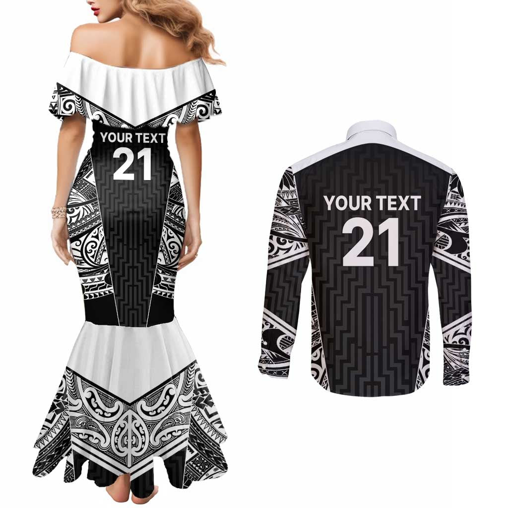 New Zealand Black Fern Custom Couples Matching Mermaid Dress and Long Sleeve Button Shirt Maori Tukutuku Black-white Motif