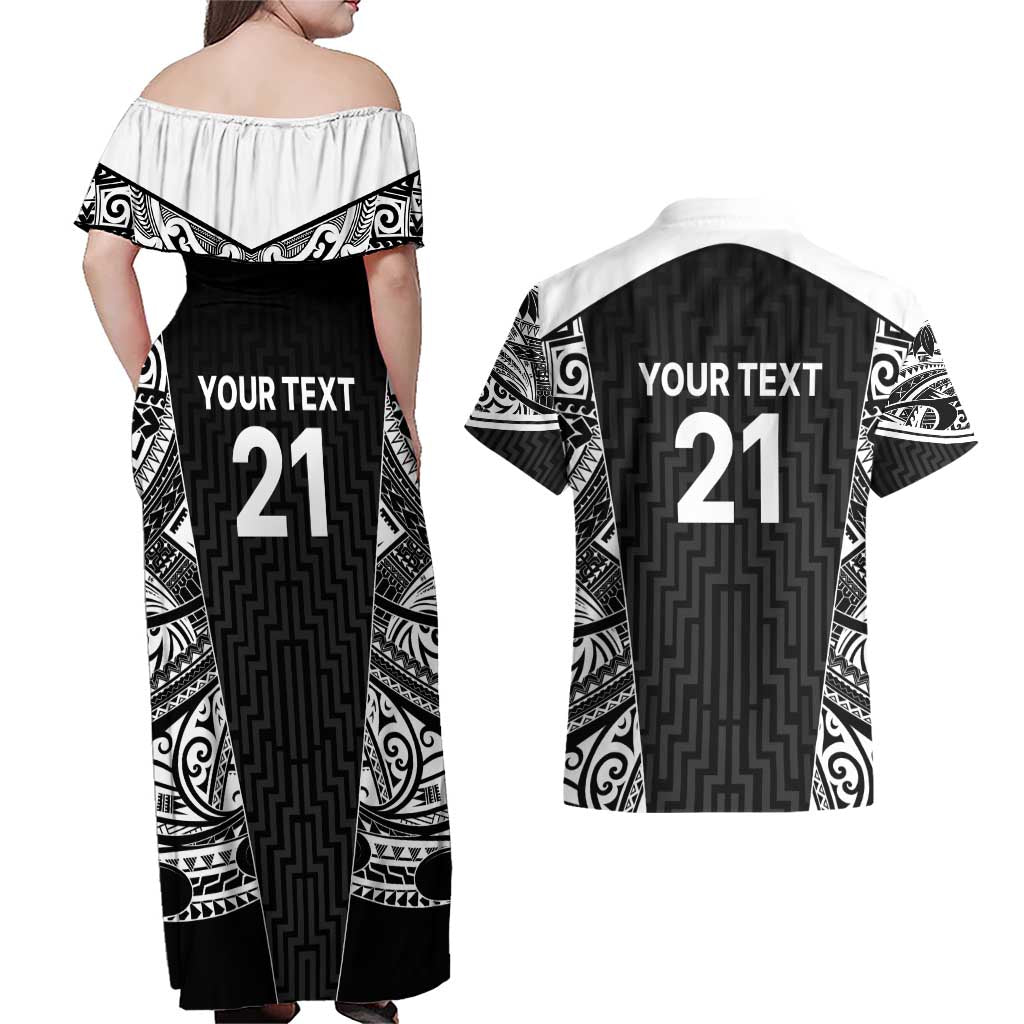 New Zealand Black Fern Custom Couples Matching Off Shoulder Maxi Dress and Hawaiian Shirt Maori Tukutuku Black-white Motif