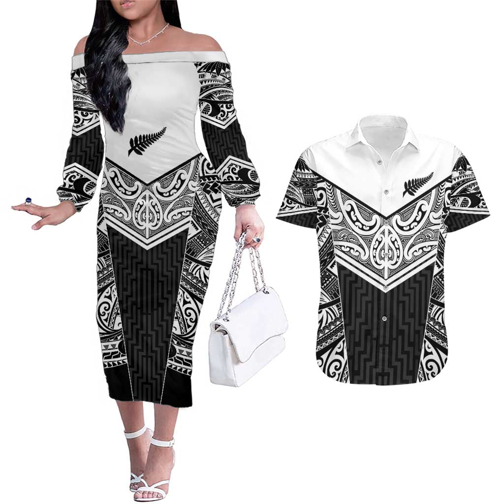 New Zealand Black Fern Custom Couples Matching Off The Shoulder Long Sleeve Dress and Hawaiian Shirt Maori Tukutuku Black-white Motif