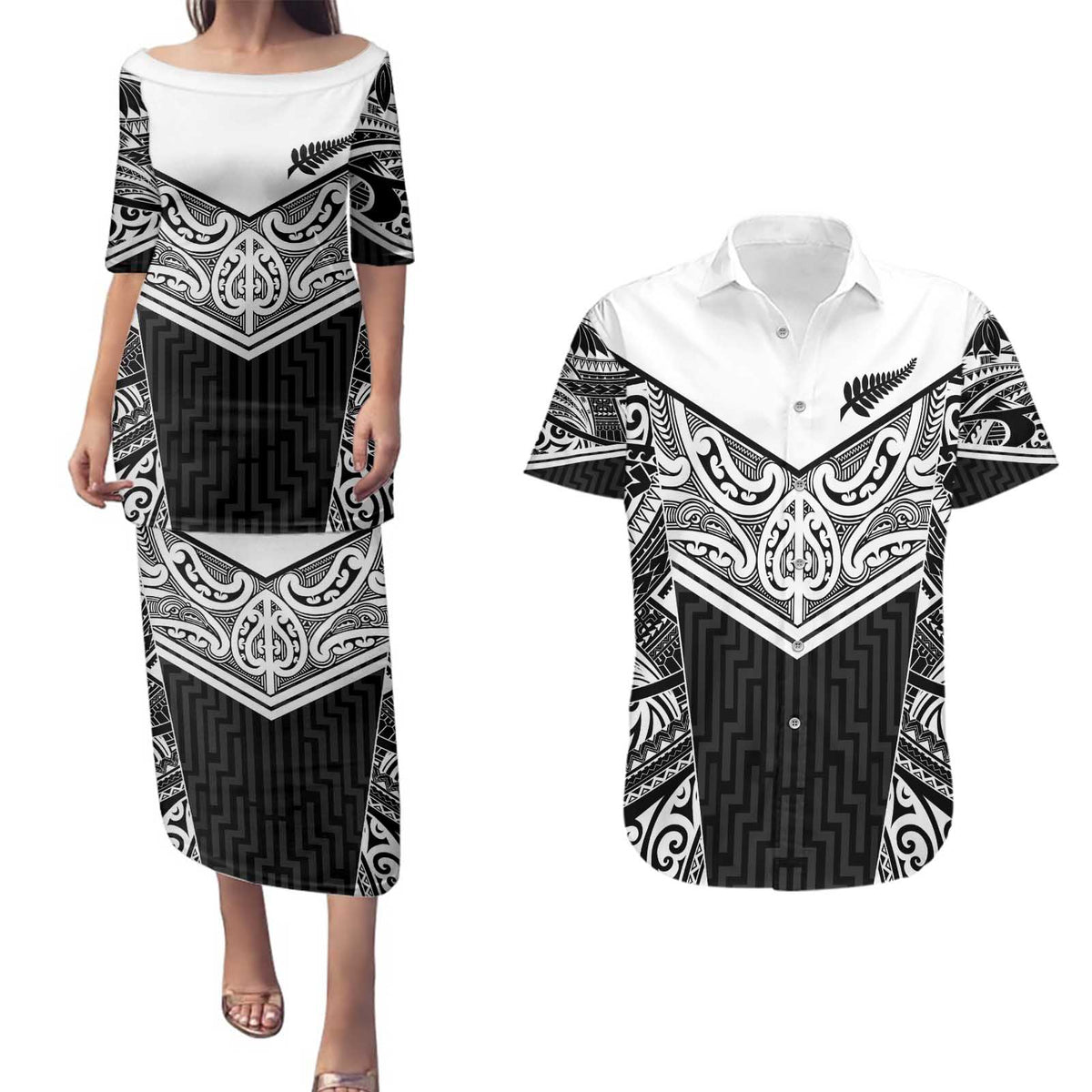 New Zealand Black Fern Custom Couples Matching Puletasi and Hawaiian Shirt Maori Tukutuku Black-white Motif