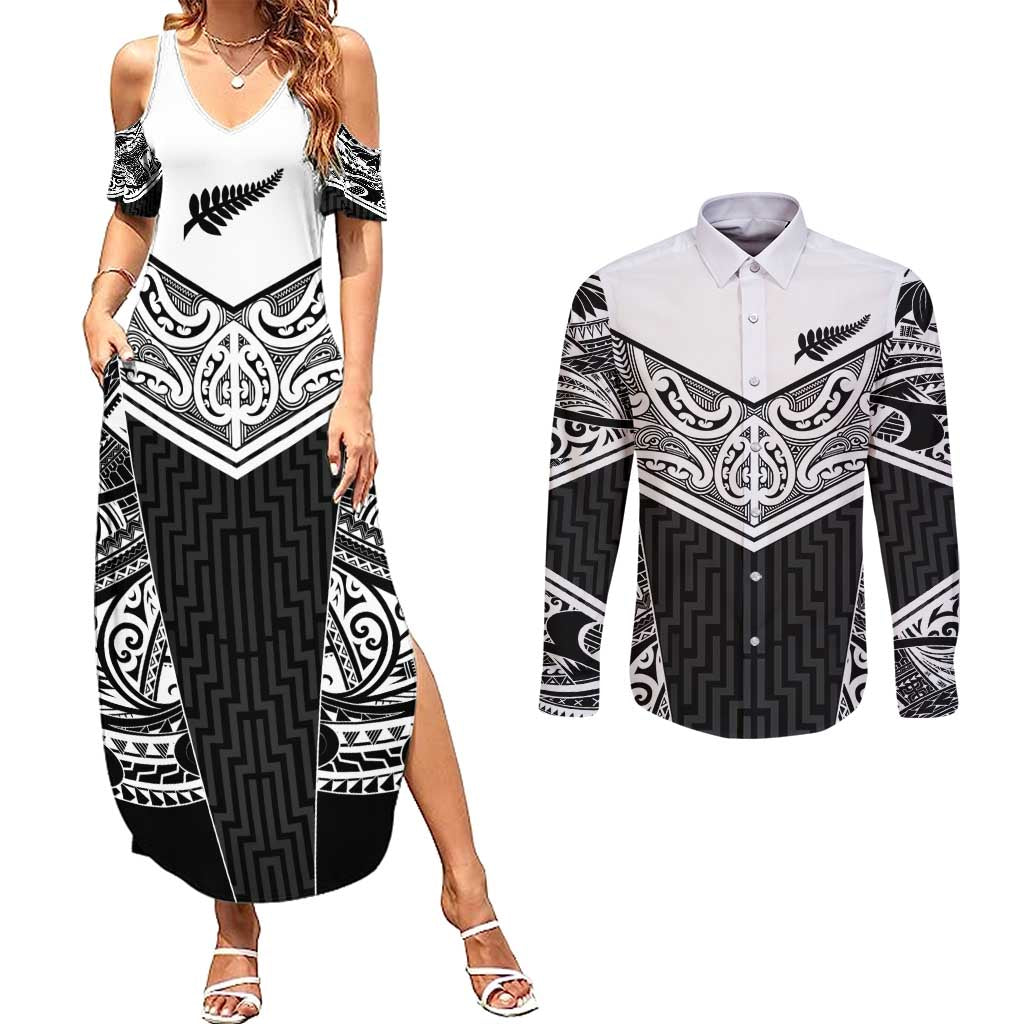 New Zealand Black Fern Custom Couples Matching Summer Maxi Dress and Long Sleeve Button Shirt Maori Tukutuku Black-white Motif