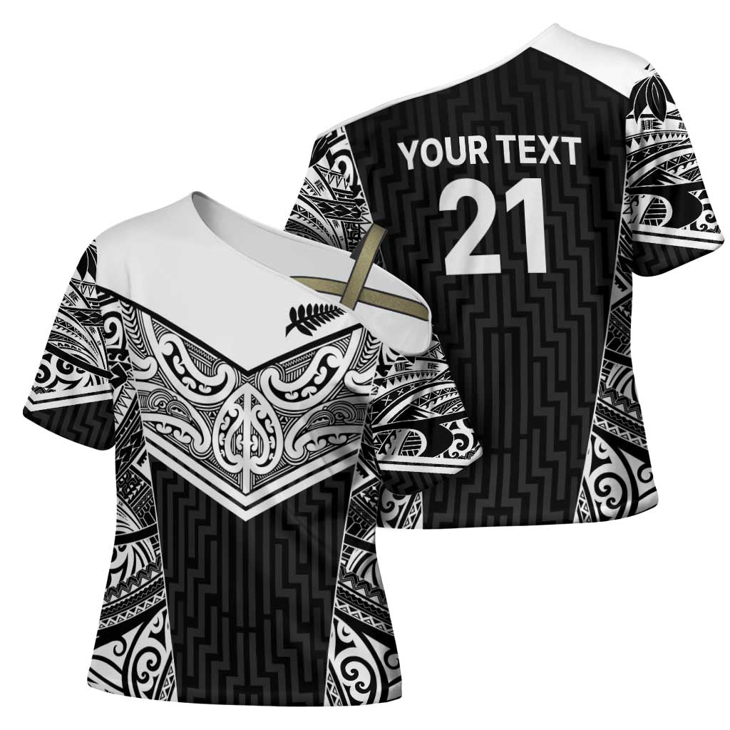 New Zealand Black Fern Custom Cross Shoulder Shirt Maori Tukutuku Black-white Motif - Polynesian Pride