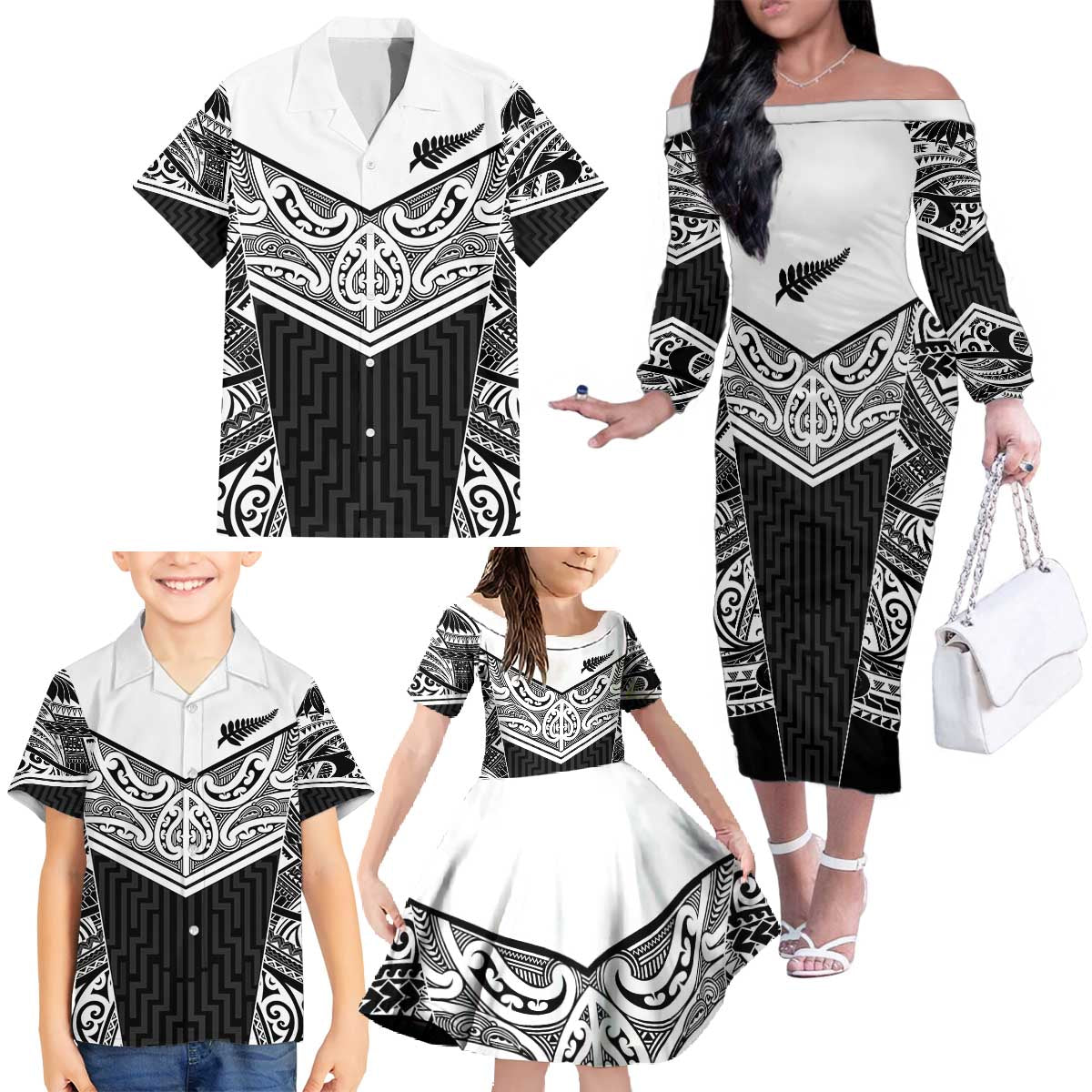 New Zealand Black Fern Custom Family Matching Off The Shoulder Long Sleeve Dress and Hawaiian Shirt Maori Tukutuku Black-white Motif