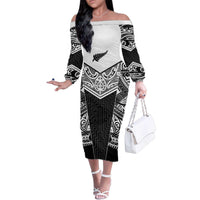 New Zealand Black Fern Custom Family Matching Off The Shoulder Long Sleeve Dress and Hawaiian Shirt Maori Tukutuku Black-white Motif
