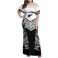 New Zealand Black Fern Custom Family Matching Off Shoulder Maxi Dress and Hawaiian Shirt Maori Tukutuku Black-white Motif