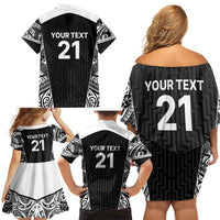 New Zealand Black Fern Custom Family Matching Off Shoulder Short Dress and Hawaiian Shirt Maori Tukutuku Black-white Motif