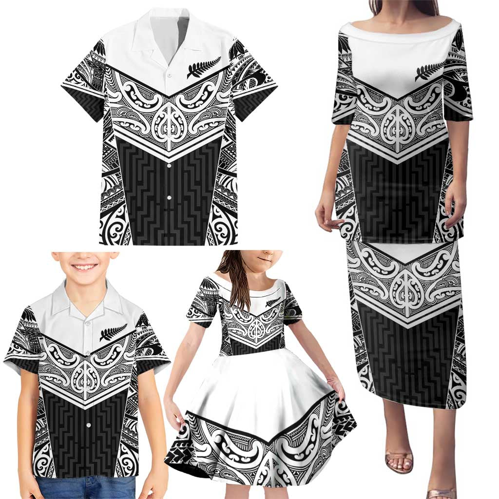 New Zealand Black Fern Custom Family Matching Puletasi and Hawaiian Shirt Maori Tukutuku Black-white Motif