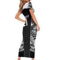 New Zealand Black Fern Custom Family Matching Short Sleeve Bodycon Dress and Hawaiian Shirt Maori Tukutuku Black-white Motif