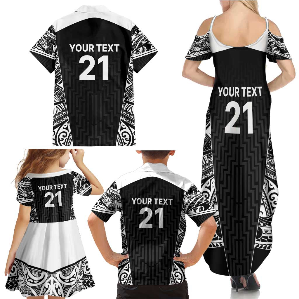 New Zealand Black Fern Custom Family Matching Summer Maxi Dress and Hawaiian Shirt Maori Tukutuku Black-white Motif