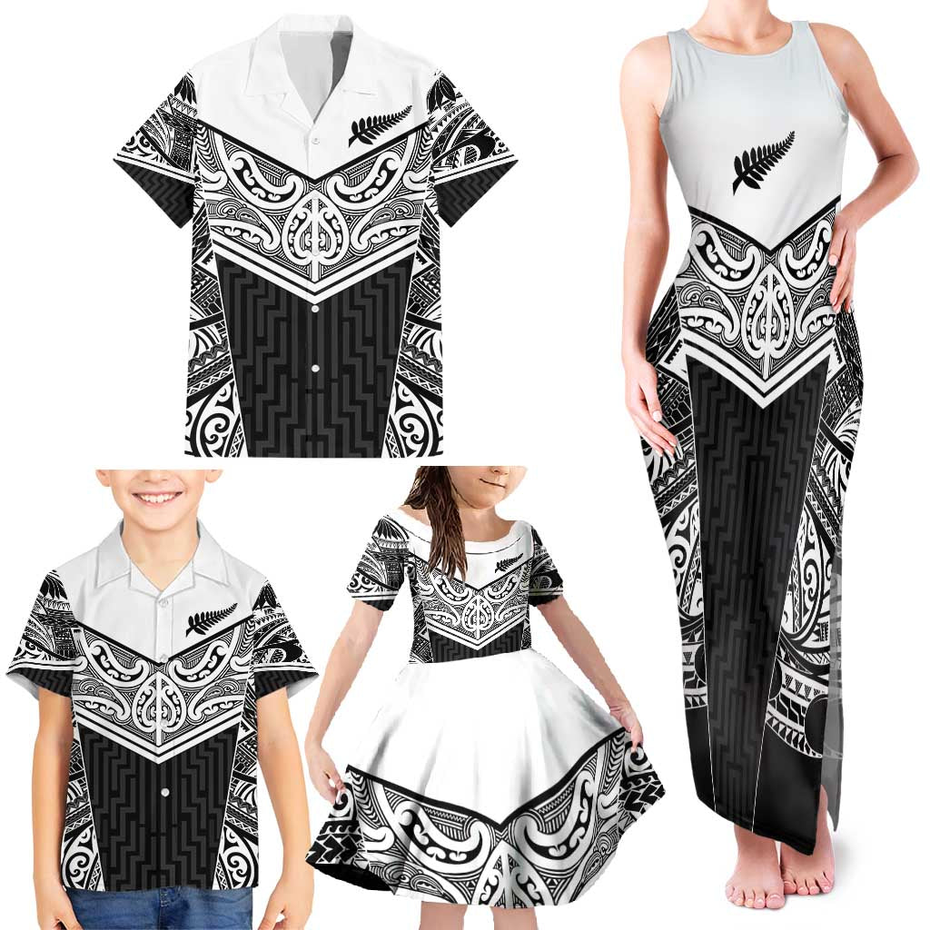 New Zealand Black Fern Custom Family Matching Tank Maxi Dress and Hawaiian Shirt Maori Tukutuku Black-white Motif