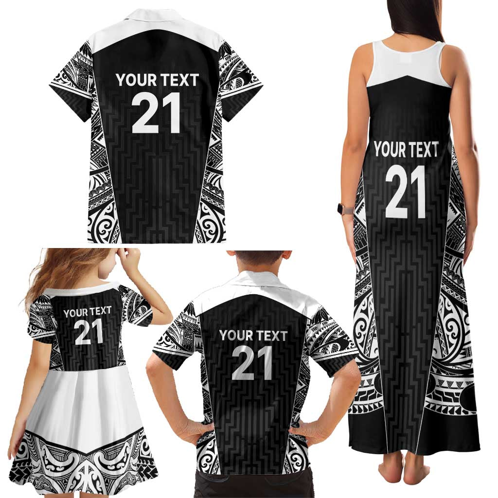 New Zealand Black Fern Custom Family Matching Tank Maxi Dress and Hawaiian Shirt Maori Tukutuku Black-white Motif