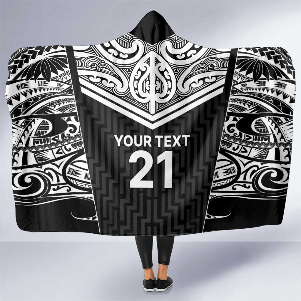New Zealand Black Fern Custom Hooded Blanket Maori Tukutuku Black-white Motif