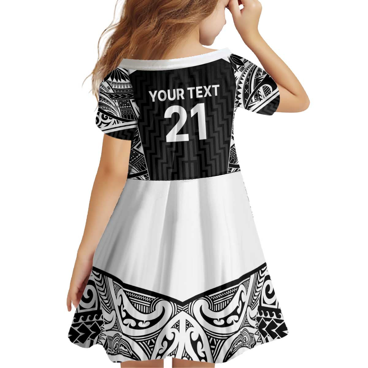 New Zealand Black Fern Custom Kid Short Sleeve Dress Maori Tukutuku Black-white Motif